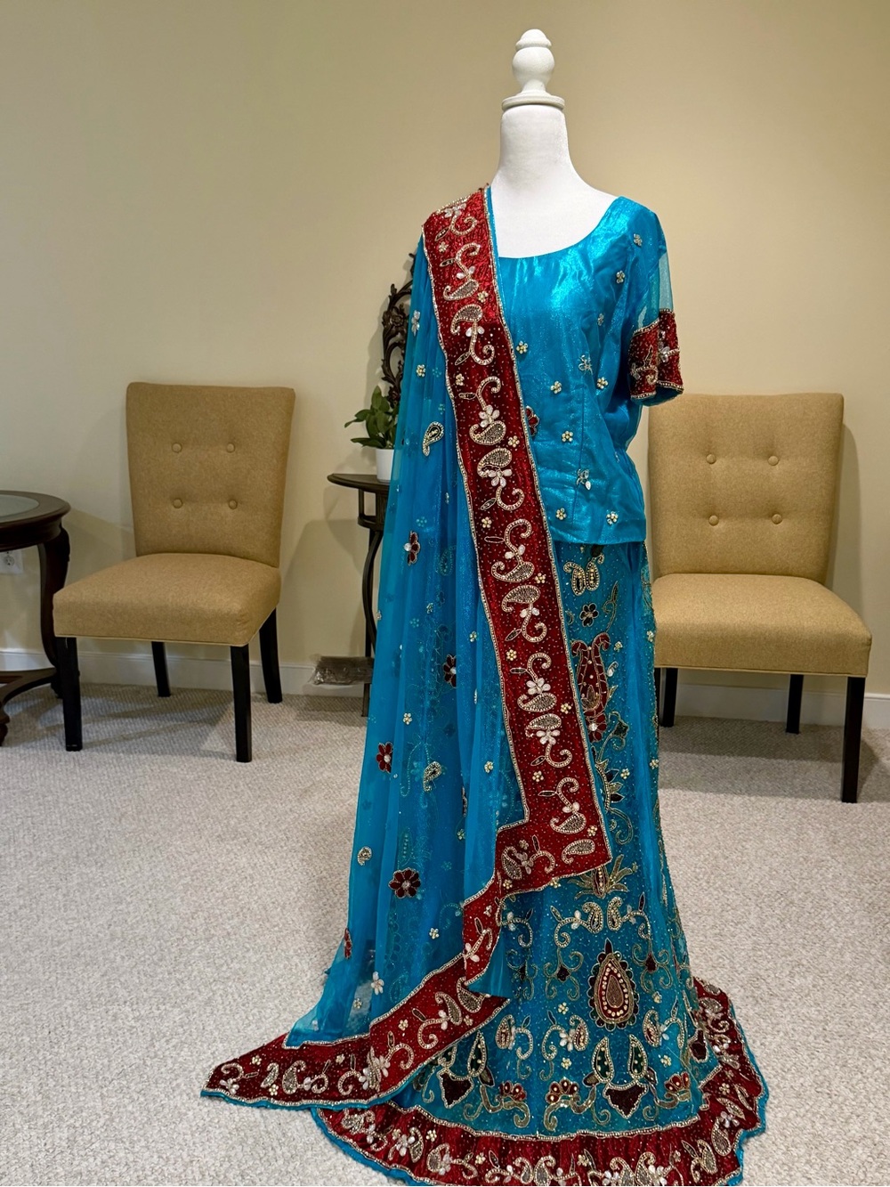 Elegant Teal & Maroon Embroidered Indian Wedding Dress